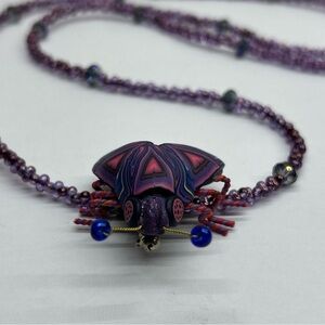 Joyce Fritz Polymer Clay Bug Brooch Pin On Translucent Beaded Necklace